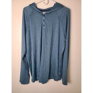 KNQR Mens XL Blue Heathered Hooded Henley Performance Shirt Hiking Pullover Camp